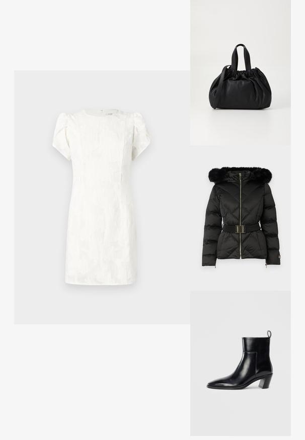 Must ruudeline puffer jakk musta, ees nupudega, vööga talje, karvadega ääristatud kapuuts ja pikadel varrukatel lukuga mansetid.; Valge lühikeste varrukatega kleit, mille tekstuuriga lillemuster, liibuva lõikega ja tagaküljel peidetud lukuosaga, pehmete lõhnavate varrukatega.; Must musta saapad terava nina, geomeetrilise kuuega ja tagaküljel tõmberaudaga. Sile tekstuur ja läikiv disain.; Mustmust mustkott mustrihmaga ülaosa disainiga, millel on kaks lühikest käepidet ja pikk reguleeritav rihm. Sile tekstuur, ümar kuju.