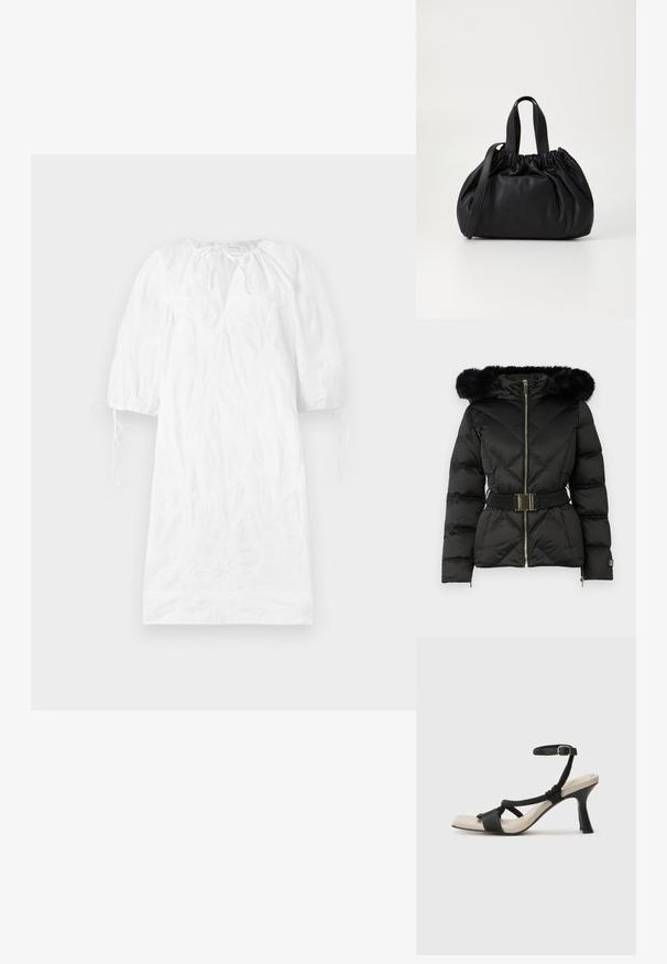 Jachetă puffer neagră, matlasată, cu fermoar frontal, talie accesorizată cu curea, glugă cu trim de blană și manșete cu fermoar pe mâneci lungi.; Rochie albă cu mâneci scurte bufante, material texturat, decolteu în V și șnururi ajustabile la manșete. Suprafață netedă, design până la genunchi.; Sandal cu toc negru, cu design de curea împletită, vârf pătrat și curea de gleznă ajustabilă. Tălpică de un bej deschis și toc negru lucios.; Geantă de mână din piele neagră cu un design cu partea superioară plisată, având două mânere scurte și o curea lungă ajustabilă. Textură netedă, formă rotunjită.
