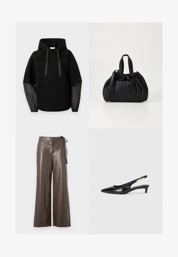 Mustat tikkikankaiset puffatakki, jossa on edessä vetoketju, vyötäröllä vyö, turkiskauluksen reunus ja pitkissä hihoissa vetoketjulliset hihansuut.; Musta huppari, jossa on etutasku, satiininauhabikaiset kiristysnauhat ja läpikuultavat, kuvioidut hihat. Pehmeä kangas ja rento istuvuus.; Valkoinen pitkähihaisista V-päisestä lyhyestä paidasta, jossa on istuva malli ja leveät hihansuut, esiteltynä tasaisella taustalla.; Ruskohvased faux nahast laiad püksid kõrge vöökohaga ja külgtõmblustega valgel taustal.; Mustat nahkaiset slingback-korkokengät, joissa on terävä kärki, ohuet korot ja kultasävytteinen yksityiskohta säädettävässä hihnassa. Silkkinen pinta.; Musta nahkabag, jossa on kerätty yläosa. Varustettu kahdella lyhyellä kantokahvalla ja pitkällä säädettävällä hihnalla. Sileä pinta, pyöreä muoto.