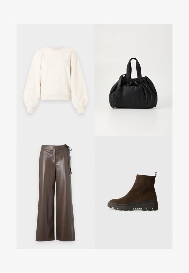 Čierna prešívaná puffer bunda s predným zipsom, opaskom v páse, kapucňou s kožušinovým lemom a zipsami na manžetách dlhých rukávov.; Krémová mikina s nadýchanými rukávmi, plisovanými manžetami a vyšívanými srdiečkami po celom povrchu. Mäkkučký bavlnený materiál s voľným strihom.; Biely dlhý rukáv V-krčný skrátený top s priliehavým dizajnom a širokými manžetami na jednolatom pozadí.; Hnedé nohavice zo syntetickej kože s širokými nohavicami, vysokým pásom a bočnými viazaniami na bielom pozadí.; Hnedé semišové členkové topánky s hrubou čiernou gumovou podrážkou, s mierne zvýšeným opätkom a s pútkom na zadnej strane pre jednoduché obliekanie.; Čierna kožená kabelka so zberaným vrchom, s dvoma krátkymi držadlami a dlhým nastaviteľným popruhom. Hladká textura, zaoblený tvar.