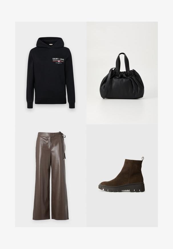 Must ruudeline puffer jakk musta, ees nupudega, vööga talje, karvadega ääristatud kapuuts ja pikadel varrukatel lukuga mansetid.; Mustmust valmistatud puuvillast, millel on esiküljel logo "GANT 1949" ja triibulised aktsendid punases ja valges. Tavaline lõige, millel on reguleeritav kapuuts.; Valge pika varrukaga V-kaelusega lühike särk kitsas disainis ja laiade varrukatega, esitlemises lihtsal taustal.; Pruun faux nahast laiad püksid kõrge vöökohaga ja külje sidumisega valgel taustal.; Pruun nahast pahkluu saabas, millel on tugev must kummitald, kerge konts ja tagumine tõmbetöödeldud osa, mis muudab selga panemise lihtsamaks.; Mustmust mustkott mustrihmaga ülaosa disainiga, millel on kaks lühikest käepidet ja pikk reguleeritav rihm. Sile tekstuur, ümar kuju.