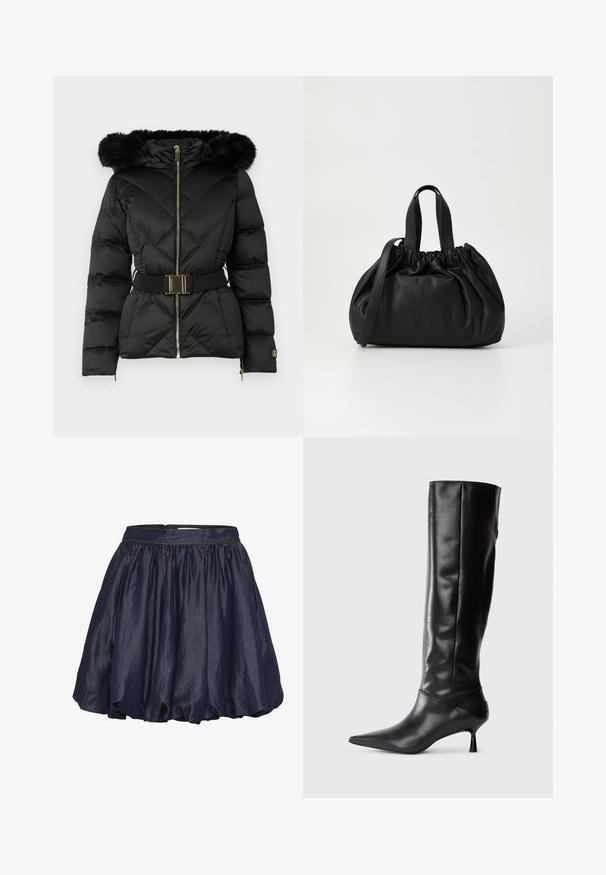 Melna kvilētā pūkainā jaka ar priekšējo rāvējslēdzēju, jostu viduklī, kapuci ar kažokādas apdari un rāvējslēdzēja aprocēm garajām piedurknēm.; Baltais garo piedurkņu krekls ar apkakli, izgatavots no kokvilnas. Aprīkots ar pogu aizdari priekšā un vienu krūšu kabatu. Gluda tekstūra, brīvs piegriezums.; Jūras karafāna satīna svārki ar elastīgu jostu, savāktām bārkstīm un nedaudz izplestu dizainu. Mīksta tekstūra ar gludu spīdumu.; Melnas ādas ceļgala augstuma zābaki ar norādītu purngalu un plānu izliekumu papēdi. Gluda tekstūra, pieguļošs dizains un bez redzamām detaļām vai rakstiem.; Melnas ādas rokassomu ar savākta augšdaļa dizainu, kas aprīkota ar divām īsām rokturiem un garu regulējamu siksnu. Gluda tekstūra, noapaļota forma.