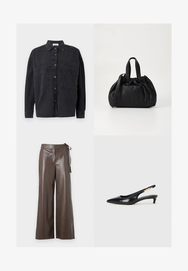 Czarna pikowana kurtka puchowa z zamkiem z przodu, paskiem w talii, kapturem wykończonym futrem oraz zamkiem błyskawicznym przy długich rękawach.; Czarna koszula dżinsowa z kołnierzykiem, dwoma przednimi kieszeniami i zapięciem na guziki. Posiada długie rękawy i luźny krój.; Biała, długosleeve bluzka typu V-neck z krótkim krojem, o dopasowanym fasonie i szerokimi mankietami, wyeksponowana na jednolitym tle.; Brązowe szerokie spodnie z imitacji skóry z wysokim stanem i szczegółem w postaci wiązania po boku na białym tle.; Czarne skórzane szpilki typu slingback z ostrym noskiem, posiadające smukły obcas i złoty akcent na regulowanym pasku. Gładka tekstura.; Czarna skórzana torebka z zebranym wykończeniem, z dwoma krótkimi uchwytami i długim regulowanym paskiem. Gładka tekstura, zaokrąglony kształt.