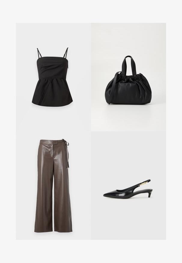 Čierna prešívaná puffer bunda s predným zipsom, opaskom v páse, kapucňou s kožušinovým lemom a zipsami na manžetách dlhých rukávov.; Čierny peplum top s nastaviteľnými ramienkami, hladkou textúrou, priliehavou korunkou, rozšíreným spodkom a bez viditeľných kovových spojovacích prvkov.; Hnedé nohavice zo syntetickej kože s širokými nohavicami, vysokým pásom a bočnými viazaniami na bielom pozadí.; Čierne kožené slingback opätky s špicatou špičkou, s úzkym opätkom a zlatým detailom na nastaviteľnom remienku. Hladká textúra.; Čierna kožená kabelka so zberaným vrchom, s dvoma krátkymi držadlami a dlhým nastaviteľným popruhom. Hladká textura, zaoblený tvar.