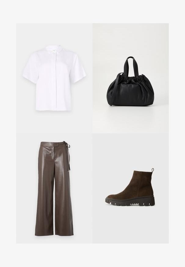 Giacca a vento nera trapuntata con zip frontale, vita con cintura, cappuccio con bordo in pelliccia e polsini con zip sulle maniche lunghe.; Camicia bianca a maniche corte realizzata in tessuto liscio, con colletto a punta e una patta con bottoni, caratterizzata da un bottone verde a contrasto.; Maglietta cropped bianca a maniche lunghe con scollatura a V, caratterizzata da un design aderente e maniche ampie, esposta su uno sfondo neutro.; Pantaloni a gamba larga in finta pelle marrone con vita alta e dettaglio di legatura laterale su sfondo bianco.; Stivaletto in camoscio marrone con suola in gomma nera chunky, caratterizzato da un leggero tacco e una linguetta sul retro per una facile calzata.; Borsa a tracolla in pelle nera con design a cima arricciata, dotata di due manici corti e di una lunga tracolla regolabile. Texture liscia, forma arrotondata.