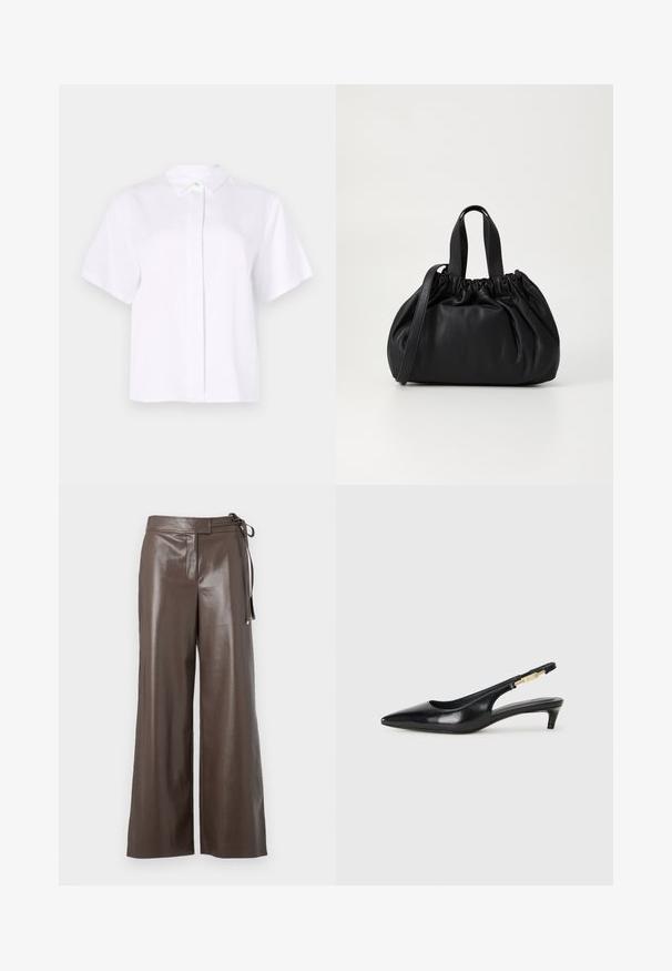 Giacca a vento nera trapuntata con zip frontale, vita con cintura, cappuccio con bordo in pelliccia e polsini con zip sulle maniche lunghe.; Camicia bianca a maniche corte realizzata in tessuto liscio, con colletto a punta e una patta con bottoni, caratterizzata da un bottone verde a contrasto.; Maglietta cropped bianca a maniche lunghe con scollatura a V, caratterizzata da un design aderente e maniche ampie, esposta su uno sfondo neutro.; Pantaloni a gamba larga in finta pelle marrone con vita alta e dettaglio di legatura laterale su sfondo bianco.; Tacchi slingback in pelle nera con punta affusolata, caratterizzati da un tacco alto e un accento dorato sulla cinghia regolabile. Texture liscia.; Borsa a tracolla in pelle nera con design a cima arricciata, dotata di due manici corti e di una lunga tracolla regolabile. Texture liscia, forma arrotondata.