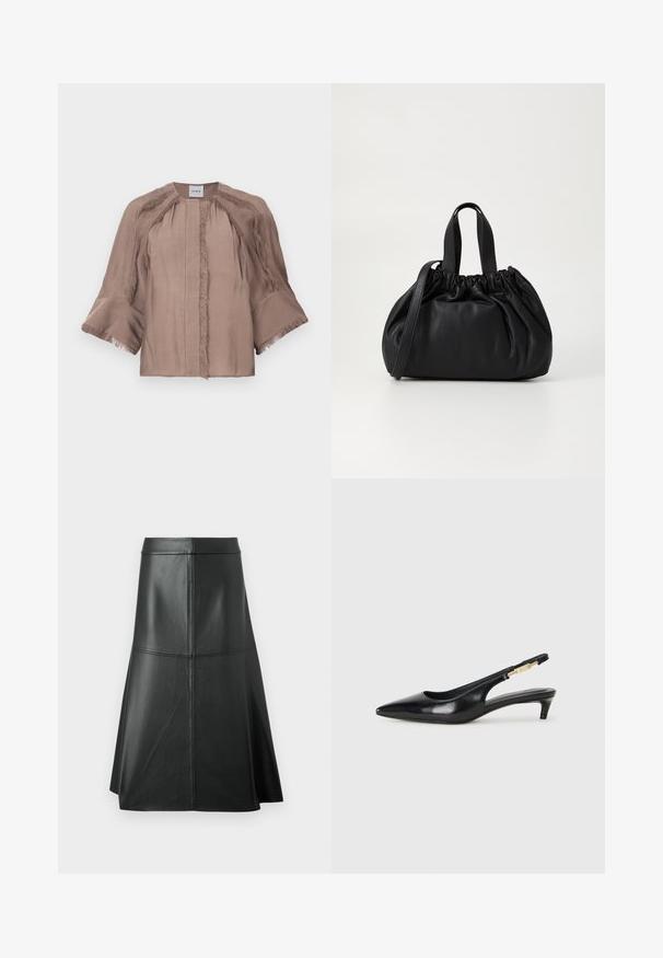 Black quilted puffer jacket with front zipper, belted waist, fur-trimmed hood, and zippered cuffs on long sleeves.; Taupe blouse with wide 3/4 sleeves, fringe trim along seams and cuffs, round neckline, and a concealed front closure.; Black leather A-line skirt, smooth texture, mid-calf length, features horizontal stitching detail at the waist and seams for added structure.; Black leather slingback heels with a pointed toe, featuring a slim heel and a gold-tone accent on the adjustable strap. Smooth texture.; Black leather handbag with a gathered top design, featuring two short handles and a long adjustable strap. Smooth texture, rounded shape.