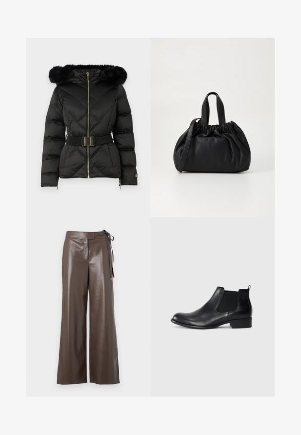 Black quilted puffer jacket with front zipper, belted waist, fur-trimmed hood, and zippered cuffs on long sleeves.; White long-sleeve V-neck cropped shirt with a fitted design and wide cuffs displayed on a plain background.; Brown faux leather wide-leg pants with high waist and side tie detail on a white background.; Black leather Chelsea ankle boot with elastic side panels, rounded toe, pull tab at the back, and a low block heel. Smooth texture.; Black leather handbag with a gathered top design, featuring two short handles and a long adjustable strap. Smooth texture, rounded shape.