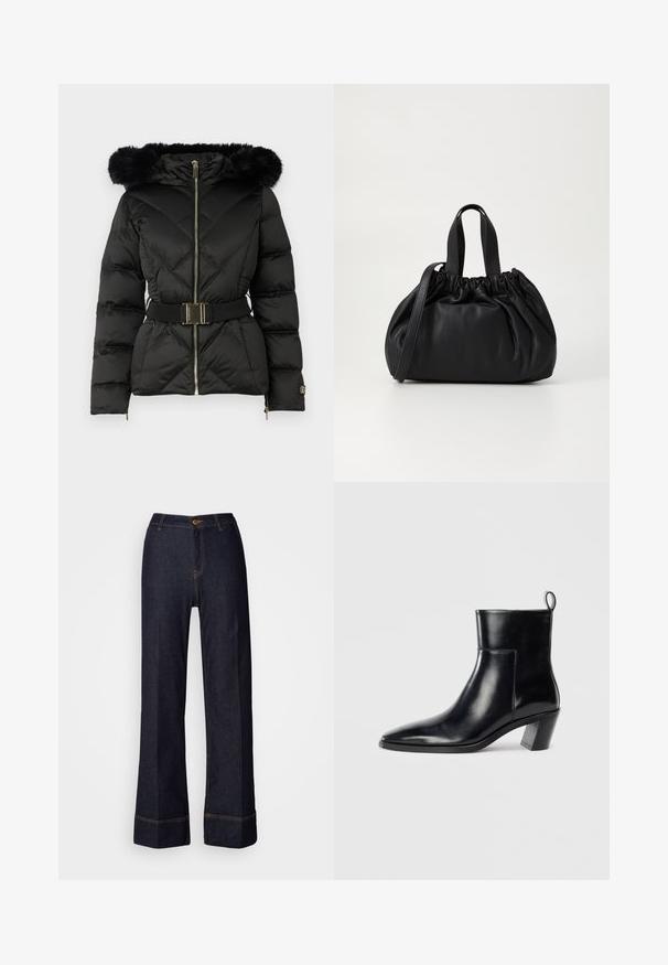 Schwarze gesteppte Daunenjacke mit Frontreißverschluss, tailliertem Gürtel, pelzbesetzter Kapuze und mit Reißverschluss versehenen Bündchen an den langen Ärmeln.; Weißes langärmliges V-Ausschnitt-Cropped-Shirt mit taillierter Passform und breiten Manschetten, präsentiert vor einem einfarbigen Hintergrund.; Dunkelblaue weit geschnittene Jeans mit hoher Taille, die einen vorderen Knopfverschluss und orangefarbene Nähte aufweisen. Gesamte glatte Textur.; Schwarze Leder-Ankleboots mit spitzem Zeh, geometrischem Blockabsatz und einem Zugband hinten. Glatte Textur und elegantes Design.; Schwarze Lederhandtasche mit einem gerafften Oberteil, ausgestattet mit zwei kurzen Griffen und einem langen verstellbaren Schulterriemen. Glatte Textur, runde Form.