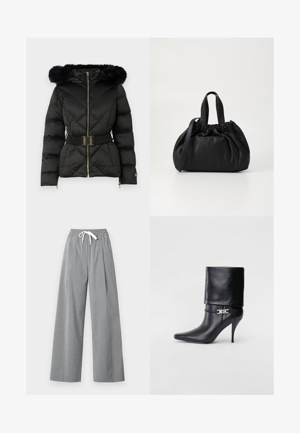 Sort kviltet puffet jakke med lynlås foran, bælte i taljen, hætte med pelskant og lynlåse ved håndleddene på de lange ærmer.; Hvid langærmet V-hals cropped skjorte med en tætsiddende design og brede manchetter, præsenteret på en ensfarvet baggrund.; Grå brede bukser lavet af letvægtigt stof med plisseret front og elastisk talje med en hvid snor.; Sort læder ankelstøvle med spids tå, høj stiletto hæl, fold-over manchet og en guld dekoreret spænde detalje på anklen.; Sort læderhåndtaske med en samlet topdesign, der har to korte håndtag og en lang justerbar rem. Glat overflade, rund form.
