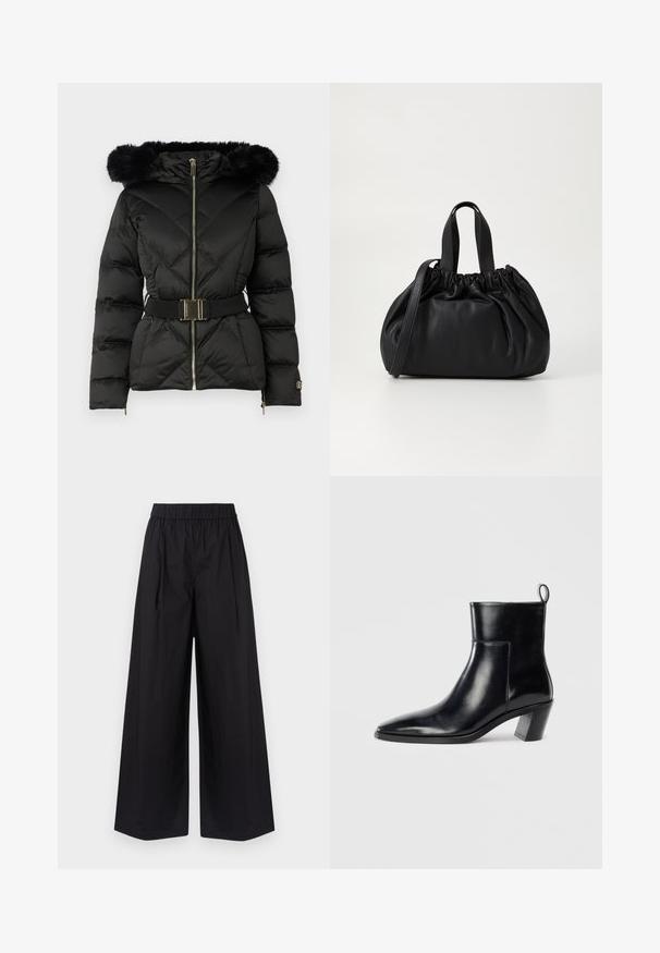 Must ruudeline puffer jakk musta, ees nupudega, vööga talje, karvadega ääristatud kapuuts ja pikadel varrukatel lukuga mansetid.; Valge pika varrukaga V-kaelusega lühike särk kitsas disainis ja laiade varrukatega, esitlemises lihtsal taustal.; Mustad laiad mustad püksid, mis on valmistatud siledast kangast, millel on elastne vöökoht ja puuduvad nähtavad taskud või riistade detailid.; Must musta saapad terava nina, geomeetrilise kuuega ja tagaküljel tõmberaudaga. Sile tekstuur ja läikiv disain.; Mustmust mustkott mustrihmaga ülaosa disainiga, millel on kaks lühikest käepidet ja pikk reguleeritav rihm. Sile tekstuur, ümar kuju.