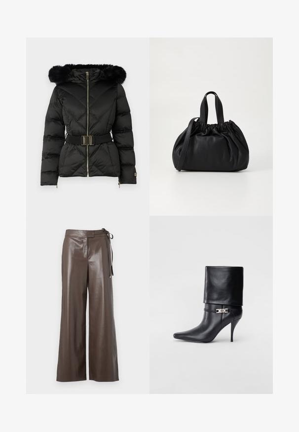Schwarze gesteppte Daunenjacke mit Frontreißverschluss, tailliertem Gürtel, pelzbesetzter Kapuze und mit Reißverschluss versehenen Bündchen an den langen Ärmeln.; Weißes langärmliges V-Ausschnitt-Cropped-Shirt mit taillierter Passform und breiten Manschetten, präsentiert vor einem einfarbigen Hintergrund.; Braune Fake-Leder-Hosen mit weitem Bein, hoher Taille und seitlicher Bindeschleife auf weißem Hintergrund.; Schwarze Leder-Ankle-Boots mit spitzer Zehenpartie, hohen Stiletto-Absätzen, umgeschlagenem Schaft und einem goldenen dekorativen Schnallen-Detail an der Knöchel.; Schwarze Lederhandtasche mit einem gerafften Oberteil, ausgestattet mit zwei kurzen Griffen und einem langen verstellbaren Schulterriemen. Glatte Textur, runde Form.