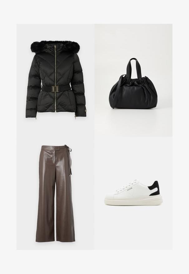 Jachetă puffer neagră, matlasată, cu fermoar frontal, talie accesorizată cu curea, glugă cu trim de blană și manșete cu fermoar pe mâneci lungi.; Cămașă albă cu mâneci lungi, de tip V, cropped, cu un design ajustat și manșete largi, expusă pe un fundal simplu.; Pantaloni largi din piele ecologică maro, cu talie înaltă și detaliu legat pe lateral, pe un fundal alb.; Adidași din piele albă cu o talpă groasă albă, accent de călcâi din suede negru și logo embosat pe lateral. Design cu șireturi și șase orificii.; Geantă de mână din piele neagră cu un design cu partea superioară plisată, având două mânere scurte și o curea lungă ajustabilă. Textură netedă, formă rotunjită.