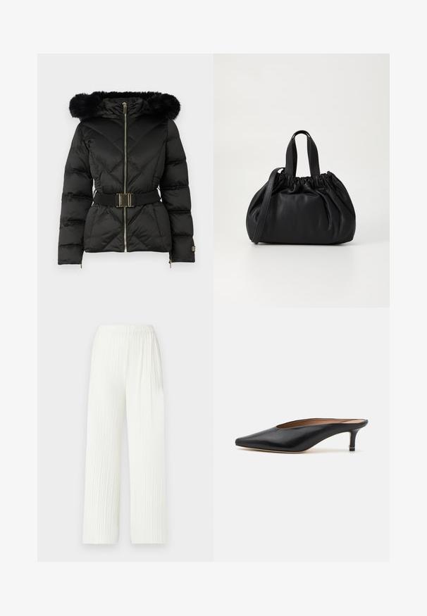 Veste matelassée noire avec zip frontal, taille ceinture, capuche avec fourrure et poignets zippés sur les manches longues.; Chemisier court blanc à manches longues, col en V, au design ajusté et aux larges poignets, présenté sur un fond uni.; Pantalons larges plissés blancs avec une taille élastique. Fabriqués en tissu léger, dotés de rayures verticales et d'une coupe fluide.; Mules en cuir noir avec un bout pointu et un petit talon carré. Texture lisse avec un design épuré. Dos ouvert avec un minimum de détails.; Sac à main en cuir noir avec un design à haut froncé, doté de deux poignées courtes et d'une bandoulière longue et réglable. Texture lisse, forme arrondie.