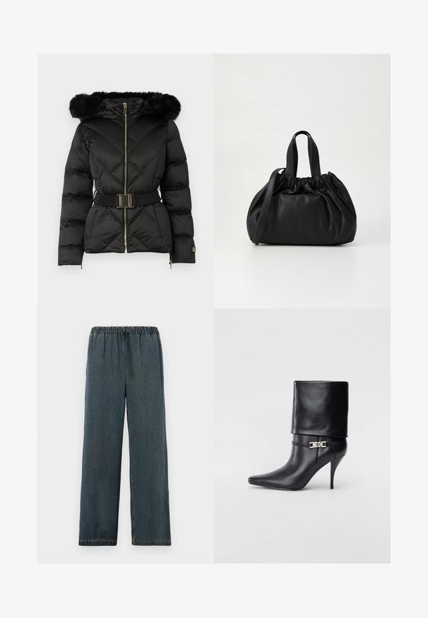 Chaqueta de plumas acolchada negra con cremallera frontal, cintura ceñida con cinturón, capucha con borde de piel y puños con cremallera en las mangas largas.; Camisa blanca de manga larga, con escote en V y diseño ajustado, y puños anchos, exhibida sobre un fondo liso.; Pantalones de mezclilla azul oscuro con cintura elástica y cordón. Diseño de pierna ancha con dobladillos terminados y una superficie lisa y texturizada.; Botín de cuero negro hasta el tobillo con punta afilada, tacón alto de aguja, puño doblado y un detalle decorativo de hebilla dorada en el tobillo.; Bolso de mano de cuero negro con un diseño de parte superior fruncida, que cuenta con dos asas cortas y una correa larga ajustable. Textura suave, forma redondeada.