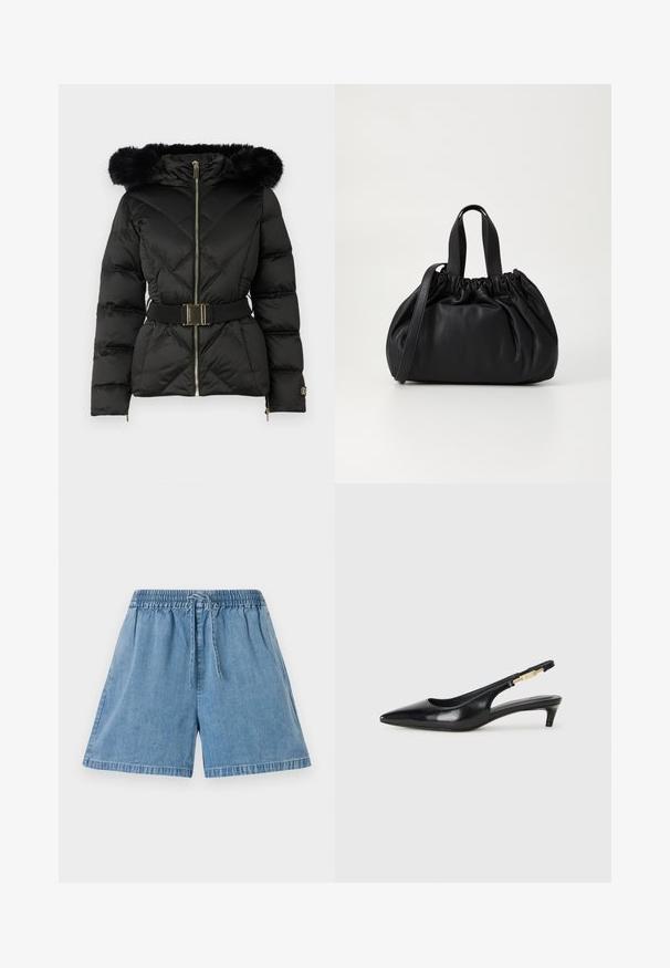 Black quilted puffer jacket with front zipper, belted waist, fur-trimmed hood, and zippered cuffs on long sleeves.; White long-sleeve V-neck cropped shirt with a fitted design and wide cuffs displayed on a plain background.; Denim shorts in light blue with an elastic waistband and drawstring. They feature side pockets and a relaxed fit with stitched hems.; Black leather slingback heels with a pointed toe, featuring a slim heel and a gold-tone accent on the adjustable strap. Smooth texture.; Black leather handbag with a gathered top design, featuring two short handles and a long adjustable strap. Smooth texture, rounded shape.