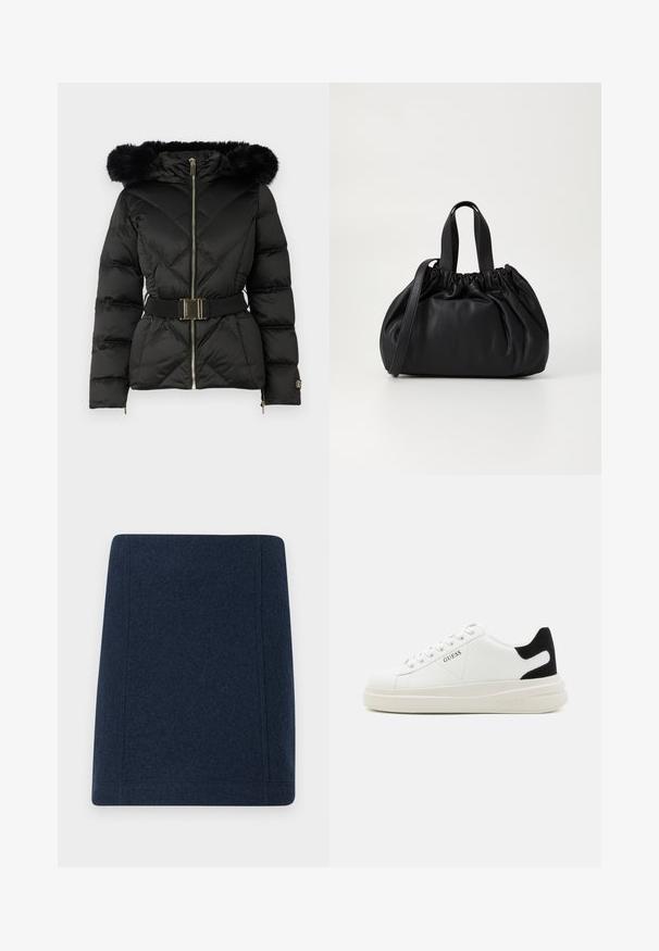 Schwarze gesteppte Daunenjacke mit Frontreißverschluss, tailliertem Gürtel, pelzbesetzter Kapuze und mit Reißverschluss versehenen Bündchen an den langen Ärmeln.; Weißes ärmelloses Tanktop aus geripptem Stoff, mit rundem Ausschnitt und figurbetonter Silhouette, minimalen Nähten und ohne Verzierungen.; Marineblaue Woll-Minirock mit geradem Schnitt, flachen Nähten und glatter Textur. Keine sichtbaren Muster oder Verzierungen.; Weiße Leder-Sneaker mit einer dicken weißen Sohle, schwarzem Wildlederakzent an der Ferse und geprägtem Logo an der Seite. Schnürdesign mit sechs Ösen.; Schwarze Lederhandtasche mit einem gerafften Oberteil, ausgestattet mit zwei kurzen Griffen und einem langen verstellbaren Schulterriemen. Glatte Textur, runde Form.