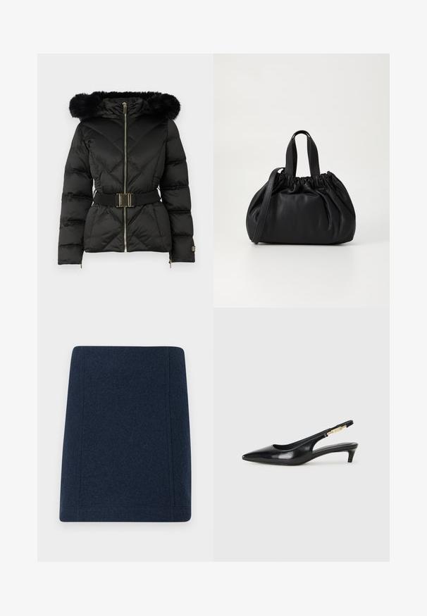 Svart quiltad pufferjacka med främre dragkedja, bälte i midjan, huva med fuskpäls och dragkedjor vid ärmsluten på långa ärmar.; Svart bomullströja med rund halsringning, korta ärmar och en broderad logotyp på bröstet. Enkel, avslappnad passform utan mönster.; Marinblå ull mini kjol med rak form, platta sömmar och en jämn textur. Inga synliga mönster eller dekorationer.; Svart läder slingback-hälar med spetsig tå, med en smal klack och en guldtonad detalj på den justerbara remmen. Slät textur.; Svart läderhandväska med en samlad toppdesign, som har två korta handtag och ett långt justerbart axelband. Slät textur, rund form.