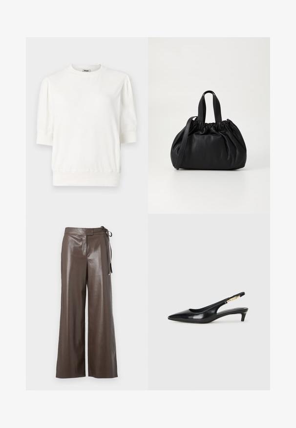 Black quilted puffer jacket with front zipper, belted waist, fur-trimmed hood, and zippered cuffs on long sleeves.; White short-sleeve pullover top with a rounded neckline, gathered sleeves, and a fitted waistband. Made from soft fabric.; Brown faux leather wide-leg pants with high waist and side tie detail on a white background.; Black leather slingback heels with a pointed toe, featuring a slim heel and a gold-tone accent on the adjustable strap. Smooth texture.; Black leather handbag with a gathered top design, featuring two short handles and a long adjustable strap. Smooth texture, rounded shape.
