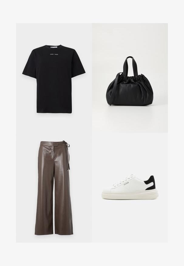 Sort kviltet puffet jakke med lynlås foran, bælte i taljen, hætte med pelskant og lynlåse ved håndleddene på de lange ærmer.; Sort kortærmet t-shirt lavet af bomuld, med rund hals og to små hvide logoer centreret foran. Glat tekstur.; Brune faux læder vide bukser med høj talje og sidesnor-detalje på hvid baggrund.; Hvide lædersneakers med en tyk hvid sål, sort ruskindhælvægt og prægede logoer på siden. Snørebåndsdesign med seks øjer.; Sort læderhåndtaske med en samlet topdesign, der har to korte håndtag og en lang justerbar rem. Glat overflade, rund form.