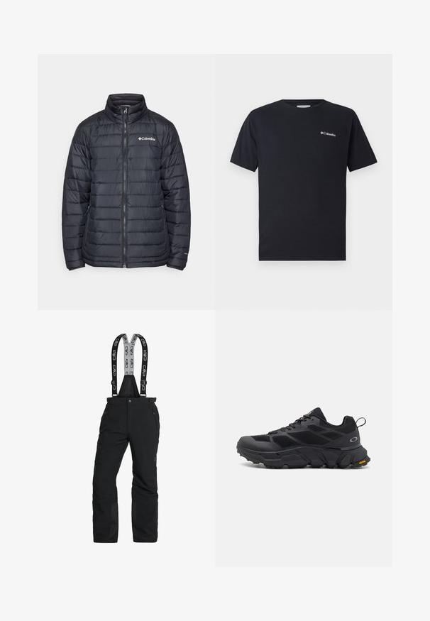 Juodas pūkinis švarkas su aukšta apykakle, užtrauktuku priekyje ir horizontaliais siuvinėjimais. Kairėje krūtinės pusėje yra Columbia logotipas.; Juodas trumpas rankovės marškinėliai iš medvilnės, su mažu baltu Columbia logotipu kairėje priekyje. Klasikinis apvalus iškirpimas ir laisvas kirpimas.; Juodi sniego kelnės su reguliuojamomis petnešomis, užtrauktukais užsegamomis kišenėmis ir sustiprintais kulkšniais. Pagamintos iš nepralaidžios medžiagos su lygiu paviršiumi.; Juodi sportiniai batai su storu padu, tinklinėmis ir sintetinėmis medžiagomis, tekstūruotais akcentais ir Vibram prekės ženklu ant pado.