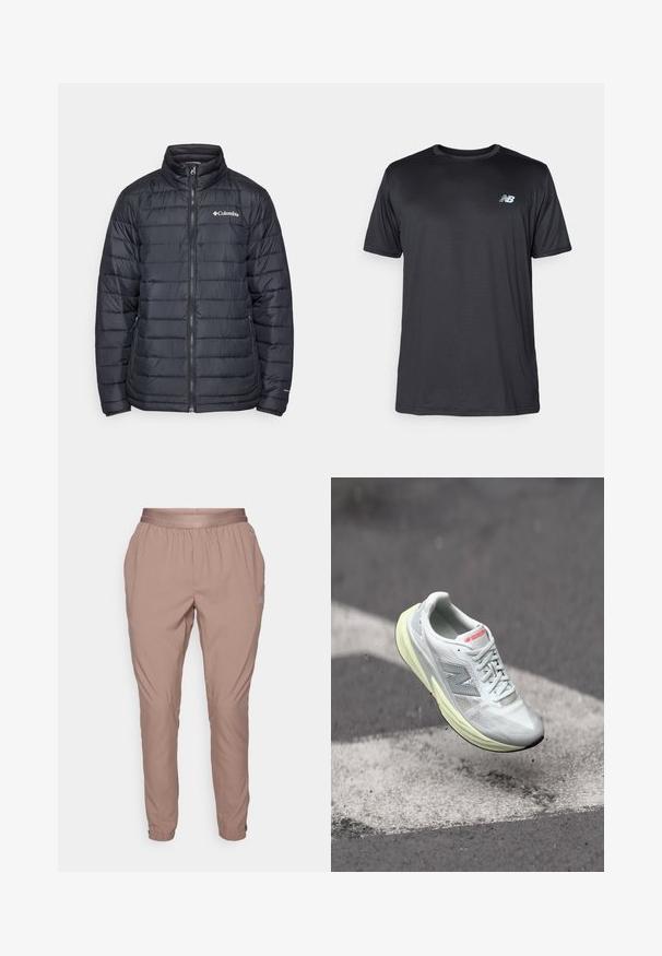 Mustmust päitsaga must puffer-jakk, millel on tõmblukk, kõrge krae ja horisontaalsed tikandid. Vasakul rinnal on Columbia logo.; New Balance Spordi T-särk - black; Heledad roosa treeningpüksid elastse vöökoha ja mansettidega, valmistatud siledast ja kergest kangast. Omavad küljetaskuid ja diskreetset brändingut.; Kerge jooksujalanõud, millel on valgest kangast pealisosa, kollane vaheosas ja hallid aktsendid. Omab silmapaistvat „N“ logo ja tekstureeritud pinna.