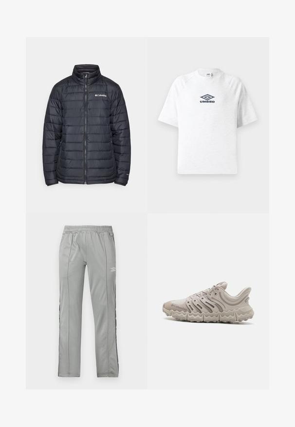 Melna pūkaina jaka ar augstu apkakli, ar rāvējslēdzēju priekšpusi un horizontālu quiltu dizainu. Uz kreisās krūtis ir Columbia logo.; Balta īsā piedurkņu T-kreklā ar raglana šuvēm un melnu Umbro logotipu centrā uz krūtīm.; Gai pelēki Umbro sporta bikses ar elastīgu jostu un melnbaltiem sānu svītrām, izklātas uz baltas fona.; Gai pelēki sporta apavi ar sieta augšdaļu, viļņotu sānu dizainu un biezu, teksturētu zoli. Iekļauj auklas un zīmolu sānos.