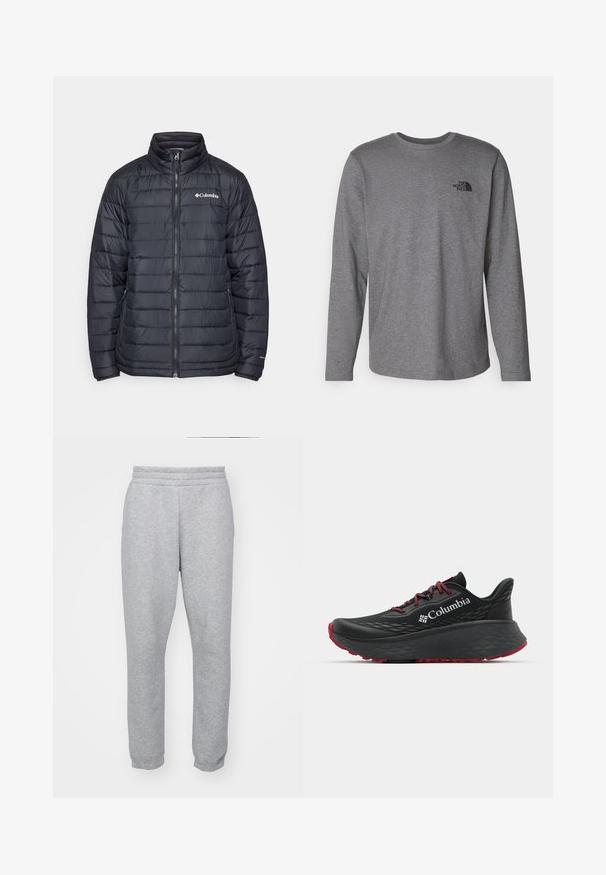 Schwarze Pufferjacke mit hohem Kragen, Reißverschluss vorne und horizontalem Steppdesign. Mit Columbia-Logo auf der linken Brust.; The North Face M L/S SIMPLE DOME TEE - Langarmshirt - medium grey heather; Graue Jogginghosen aus weichem Stoff, mit einem elastischen Bund und engen Bündchen für eine schlanke Form. Keine sichtbaren Taschen.; Schwarzer Sportschuh mit strukturiertem Obermaterial, roten Schnürsenkeln und Logo. Dicke Sohle mit strukturiertem Profil für Traktion. Minimalistisches Design, Seitenansicht.