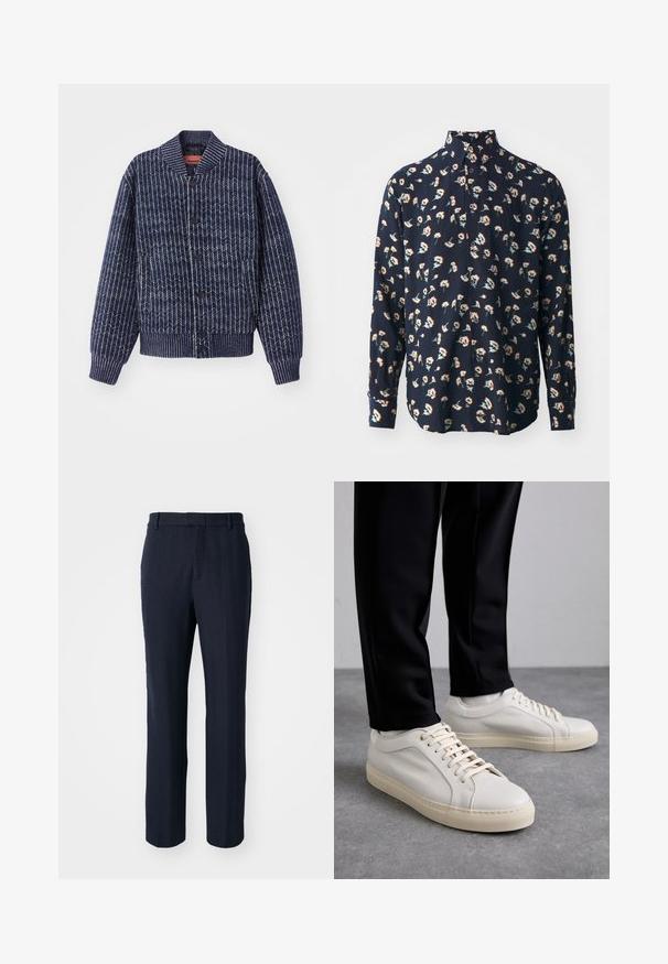 Navy blue knitted cardigan with a herringbone pattern, ribbed collar, cuffs, and hem. Features black buttons down the front.; Paul Smith REGULAR FIT SHIRT - Shirt - black; Navy blue pants featuring a herringbone pattern, straight leg design, belt loops, and a textured finish.; Light beige leather sneakers with flat laces, a textured surface, and a contrasting cream-colored rubber sole, paired with black tapered pants.