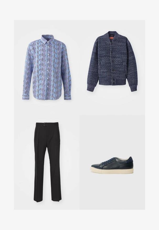 Tumši zila adīta kardigāna jakas ar zvīņveida rakstu, ribotām apkaklēm, aprocēm un apakšmalu. Priekšpusē ir melni pogas.; Krekls ar pogām, kuram ir zila un purpura zigzaga raksts ar vertikālām melnām svītrām, garām piedurknēm un klasisku apkakli.; Melnas pieguļoša stila bikses ar taisnu kāju dizainu, divām priekšējām kabatām un dubultu pogu aizdari jostasvietā. Gluda auduma tekstūra.; Tumši zilā ādas sporta apavi ar krēmkrāsas gumijas zoli, ar ziliem šņorēm un gludu tekstūru. Apaļa pirksta forma un minimālisma dizains.