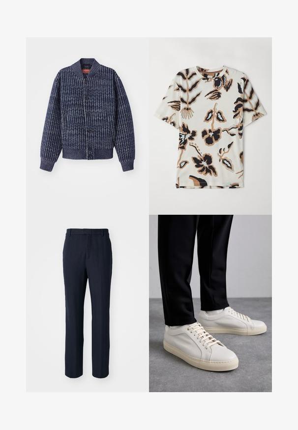 Navy blue knitted cardigan with a herringbone pattern, ribbed collar, cuffs, and hem. Features black buttons down the front.; Short-sleeve T-shirt made of soft fabric, featuring a cream background with abstract floral patterns in black, brown, and light blue.; Navy blue pants featuring a herringbone pattern, straight leg design, belt loops, and a textured finish.; Light beige leather sneakers with flat laces, a textured surface, and a contrasting cream-colored rubber sole, paired with black tapered pants.