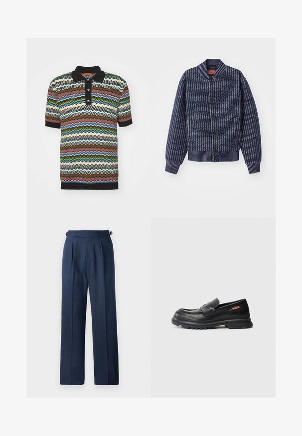 Námořnický modrý pletený kardigan s vzorem rybí kosti, s žebrovaným límcem, manžetami a lemem. Uprostřed se nacházejí černé knoflíky.; Polo triko s krátkým rukávem, pletené, s cik-cak vzorem v hnědé, krémové, modré, zelené a červené barvě, s černým límečkem a zapínáním na tři knoflíky.; Námořnické modré kalhoty na míru, vyrobené z texturované tkaniny, s vysokým pasem, sklady a nastavitelnými bočními popruhy pro lepší úpravu.; Černé kožené loafers s kulatou špičkou, nízkým podpatkem a silnou, texturovanou gumovou podrážkou. Obsahují našitou akcentu a malé logo na boku.