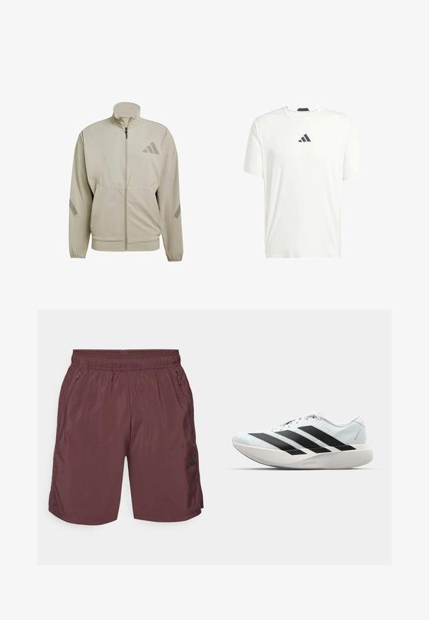 Svetlo béžová bunda vyrobená z ľahkej tkaniny, s vysokým golierom, plným zipsom, prednými vreckami a jemným detailom s trojpruhovým logom.; Biely tričko s krátkym rukávom vyrobené z ľahkej tkaniny, s okrúhlym výstrihom a tmavosivým logom na hrudi. Hladká textúra, voľný strih.; adidas Performance TR-ES WV SHO - Športové šortky - shadow brown/black; Ľahké bežecké topánky v svetlomodrej farbe s čiernymi pruhmi. Majú hladký zvršok, okrúle špičky a hrubú bielu medzipodrážku označenú "LIGHTSTRIKE PRO."
