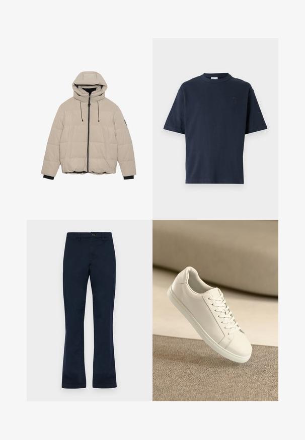 Beige puffer jacket with a hood, featuring a black zipper, drawstrings, and black accents on the cuffs and hem. Smooth, quilted texture.; Navy blue short-sleeve t-shirt made of cotton. Features a round neck and a subtle logo on the chest. Straight cut design with no patterns.; Navy blue cotton pants with a straight leg design, featuring a front button closure, belt loops, and two side pockets. Smooth texture.; White leather sneaker with white laces, displayed on beige textured surface and soft blurred background.