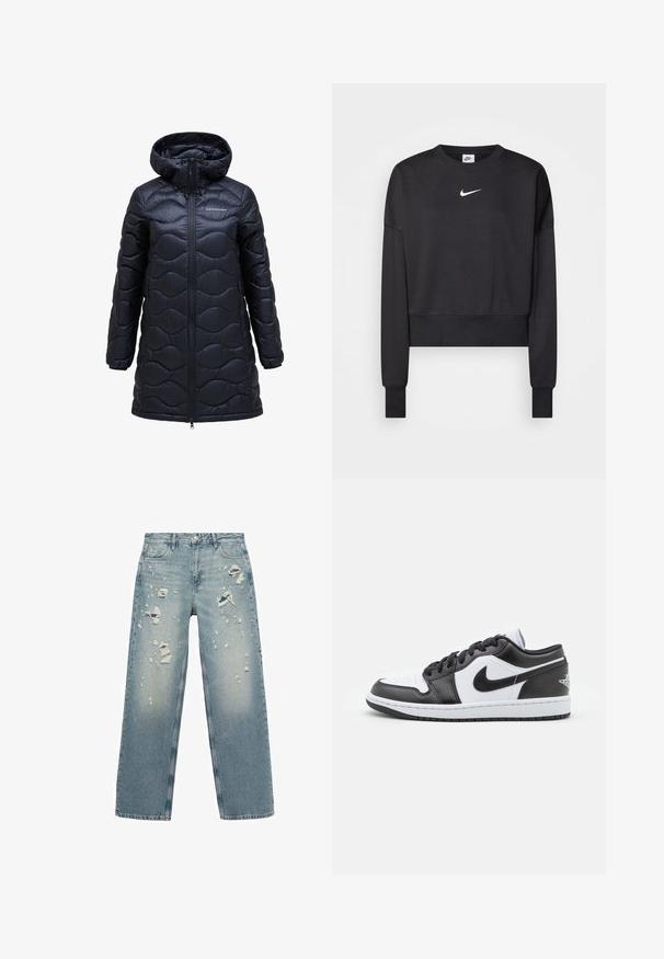 Čierna zateplená bunda s kapucňou, s vlnovým vzorom, predným zipsom a dĺžkou po kolená. Vyrobená z lesklej, hladkej textílie.; Čierna krátka mikina vyrobená z bavlnenej zmesi, s okrúhlym výstrihom, dlhými rukávmi a bielym logom Nike na hrudi.; Mango Džínsy s rovným strihom - blue; Čierno-biele nízke tenisky Nike majú hladký kožený zvršok, okrúlu špičku, šnurovacie zapínanie a vzorovanú gumovú podrážku.