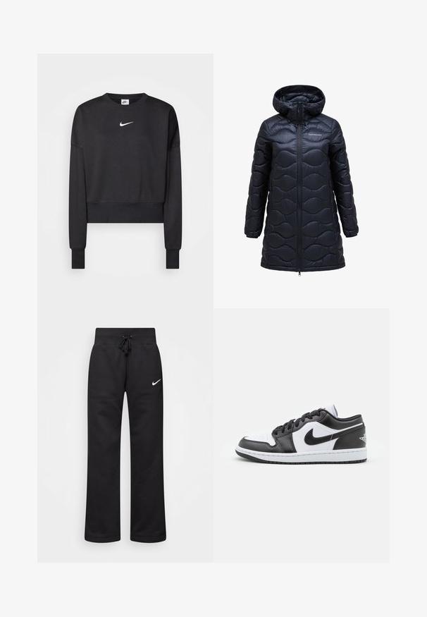 Giacca a piumino nera isolata con cappuccio, dotata di un motivo a onde, zip frontale e design fino al ginocchio. Realizzata in tessuto lucido e morbido.; Felpa nera corta in misto cotone, con scollatura rotonda, maniche lunghe e un logo Nike bianco sul petto.; Pantaloni sportivi neri realizzati in misto cotone, con vita elasticizzata regolabile, gambe dritte e logo bianco Nike sul lato sinistro.; Le sneaker Nike a basso profilo in bianco e nero presentano una tomaia in pelle liscia, punta rotonda, chiusura con lacci e una suola in gomma con un motivo.