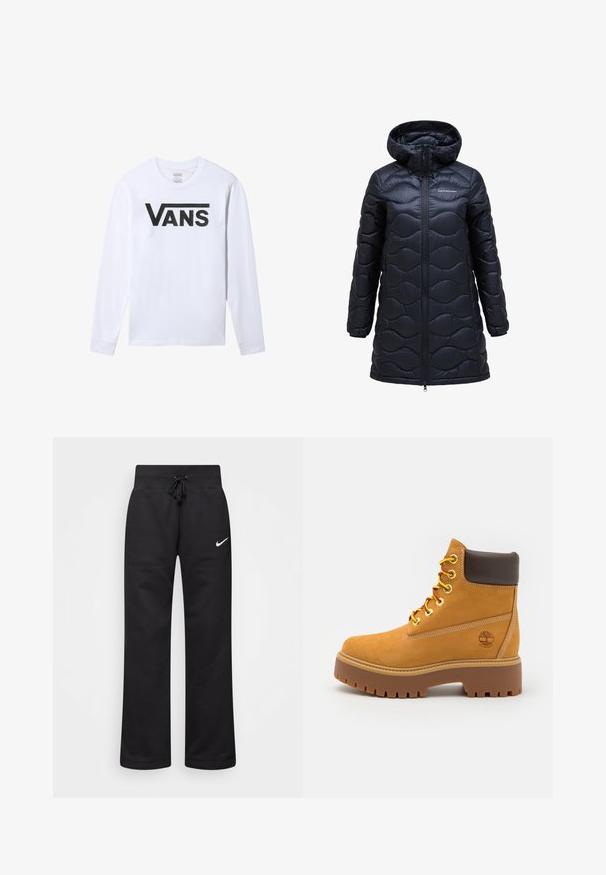 Sort isoleret pufferjakke med hætte, der har et bølgemønster, frontlynlås og knælangt design. Fremstillet af skinnende, glat stof.; Hvid langærmet t-shirt med sort Vans-logo centreret på brystet, rund halsudskæring og ribbede manchetter.; Sorte sweatpants lavet af en bomuldsblanding, med en snøre i taljen, lige ben og et hvidt Nike-logo på venstre side.; Tan vandtæt ankelstøvle med en robust gummisål, rund tå, brun læderkrave, gule snørebånd og et logo på siden.