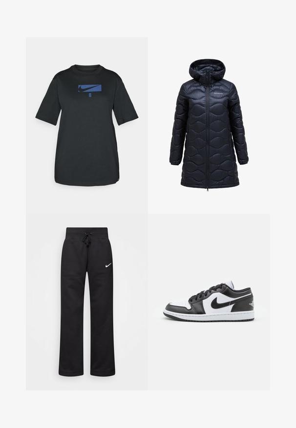 Melnā izolētā pūšļa jaka ar kapuci, ar viļņu rakstu, priekšējo rāvējslēdzi un līdz ceļiem garu dizainu. Izgatavota no spīdīga, gluda auduma.; Melnas kokvilnas T-krekls ar īsām piedurknēm un apaļu kakla izgriezumu. Priekšpusē ir zila Nike emblēma kvadrātveida grafikā.; Melnas treniņbikses, kas izgatavotas no kokvilnas maisījuma, ar regulējamu jostu, taisnām kājām un baltu Nike logo kreisajā pusē.; Melnbalti Nike zemāko sporta apavu modeļi ir ar gludu ādas virsu, apaļu purngalu, saistošo aizdari un rakstainu gumijas zoli.