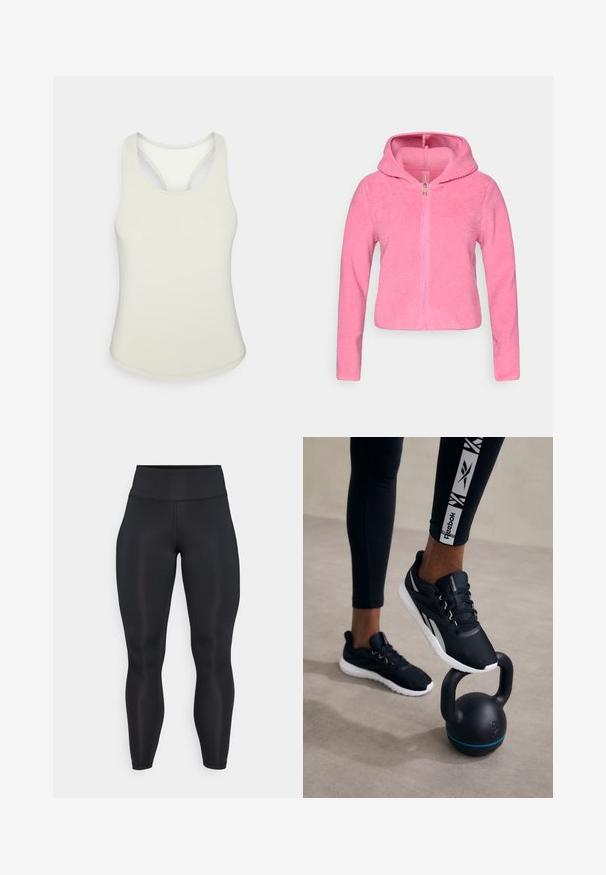 Pink, zip-up fleece jacket with a hood. Soft, textured fabric; features long sleeves and a front zipper. Mid-length design.; Light green athletic tank top with a round neckline and racerback design. Made from smooth stretch fabric. No visible patterns or accents.; Black high-waist full-length leggings with smooth fabric and visible seam details on the front and waistband.; Black athletic shoes with a textured upper, white sole, and gray accents, positioned on a black kettlebell with a blue stripe, against a neutral background.