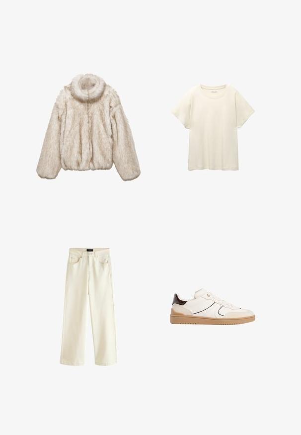 Giacca corta in pelliccia sintetica beige. Presenta un colletto alto, una vestibilità ampia e un materiale testurizzato e soffice. Chiusura con cerniera sul davanti.; Maglietta a maniche corte beige chiaro con scollatura rotonda, realizzata in un tessuto morbido e liscio. Presenta una vestibilità comoda e un orlo dritto.; Pantaloni a gamba larga in denim beige chiaro, con chiusura a bottone, cinque tasche e una texture morbida. Design semplice e moderno.; Stradivarius Sneakers basse - white