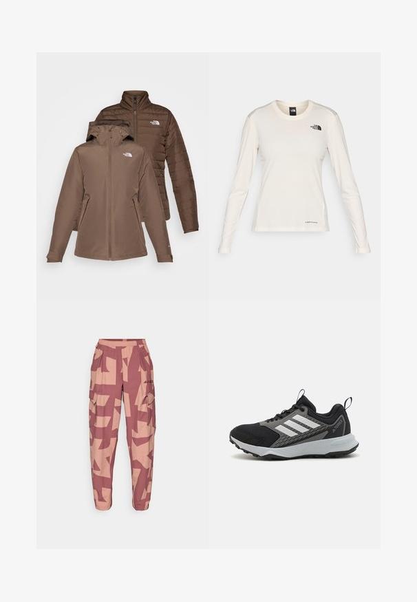 Duos rudos švarkai sukrauti; vienas su kapu ir užtrauktuku priekyje, kitas pūkuotas su siuvinėjimu. Abu turi logotipus ant krūtinės ir užtraukiamas kišenes.; The North Face SHADOW LONG SLEEVE - Ilgarankovis viršutinės dalies drabužis - white dune; Rožinės ir kremo spalvos abstrakčiu raštu pagaminti kargo šortai su elastingu juosmeniu, šoninėmis kišenėmis ir laisvu kirpimu, užtikrinančiu komfortą ir judrumą.; Juodas sportinis batelis su pilkais akcentais, turintis tekstūruotą tinklelio viršutinę dalį, tris baltas juosteles ir guminį pado padą, užtikrinantį sukibimą.