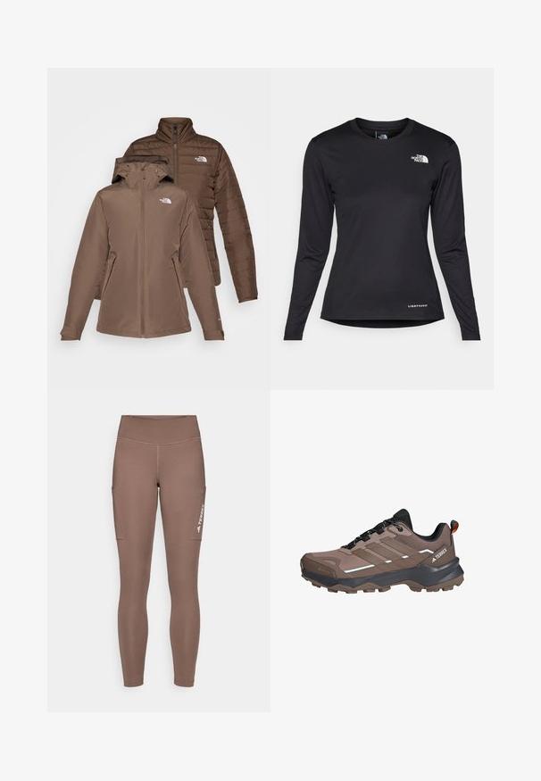 Duas jaquetas castanhas empilhadas; uma com capuz e fecho éclair na frente, a outra é acolchoada e volumosa. Ambas apresentam logótipos no peito e bolsos com fecho éclair.; The North Face SHADOW LONG SLEEVE - Camisola de manga comprida - black; Leggings atléticos castanhos com um cós alto, featuring bolsos laterais e um logótipo branco. Tecido suave e elástico para conforto e mobilidade.; Sapato de caminhada Adidas Terrex em castanho e preto com Gore-Tex, sola robusta, atacadores pretos e parte superior em malha, ideal para uso ao ar livre.
