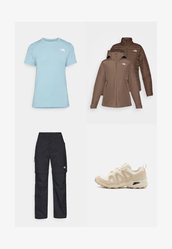 Duas jaquetas castanhas empilhadas; uma com capuz e fecho éclair na frente, a outra é acolchoada e volumosa. Ambas apresentam logótipos no peito e bolsos com fecho éclair.; T-shirt azul claro de manga curta com gola redonda. Apresenta um tecido suave, mangas raglan e um logo branco no canto superior esquerdo do peito.; Calças cargo pretas em nylon com fechos de correr removíveis, punhos ajustáveis, múltiplos bolsos e um logótipo na perna direita. Textura suave e leve.; Sapatilha atlética beige e creme com parte superior em malha texturizada, sobreposições de suporte e sola de borracha com um padrão de cravo para tração.
