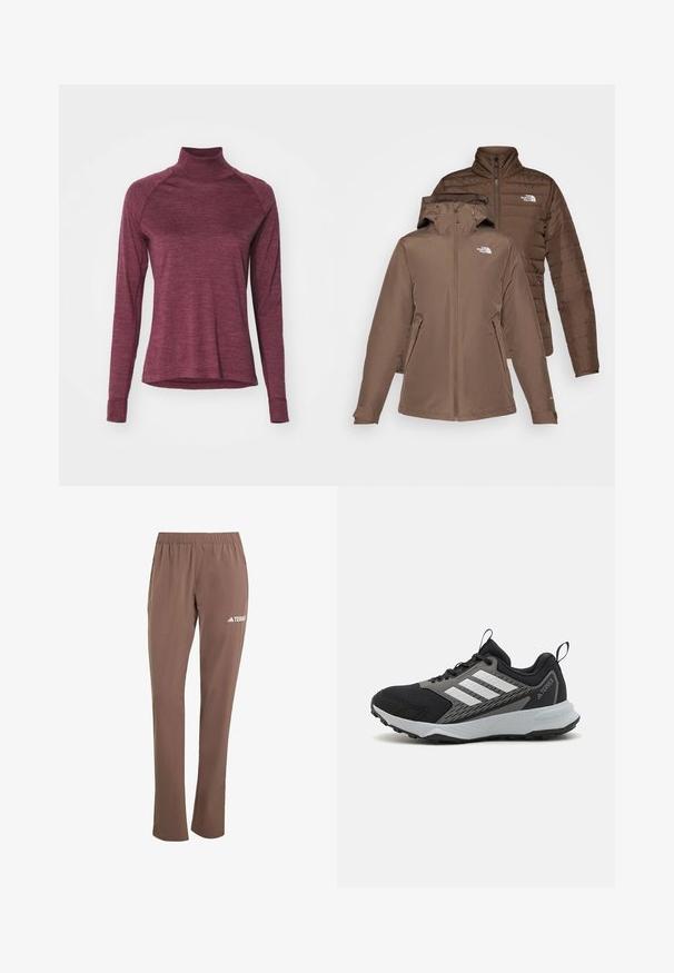 Dos chaquetas marrones apiladas; una con capucha y cierre frontal, la otra acolchada con costuras. Ambas tienen logotipos en el pecho y bolsillos con cremallera.; Camisa de cuello alto de manga larga en burdeos con mangas raglán y una textura suave. Presenta un dobladillo redondeado y puños ajustados.; Pantalones técnicos marrones con cintura elástica, bolsillos con cremallera y detalles del logotipo en blanco. Fabricados con una tela suave y ligera.; Zapatilla deportiva negra con acentos grises, que presenta una parte superior de malla texturizada, tres franjas blancas y una suela de goma para mayor tracción.