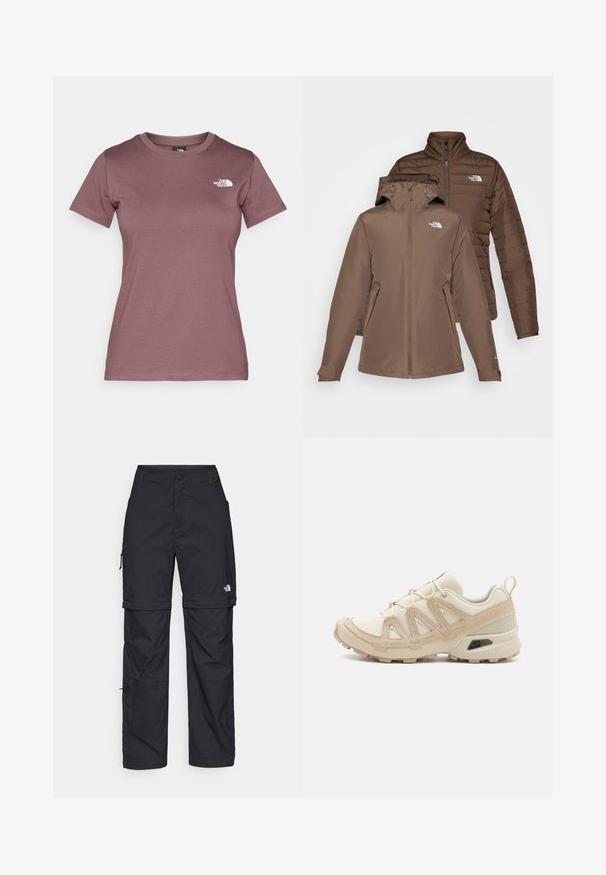 Dvě hnědé bundy naskládány; jedna s kapucí a zipem vepředu, druhá naducaná s prošíváním. Obě mají loga na hrudi a kapsy na zip.; Tričko s krátkým rukávem a kulatým výstřihem v tlumené mauve barvě, vyrobené z měkké tkaniny se malým bílým logem na levé straně hrudi. Hladký povrch.; Černé nylonové cargo kalhoty na zip s nastavitelnými manžetami, několika kapsami a logem na pravé noze. Hladká, lehká textura.; Béžová a krémová sportovní obuv s texturovaným síťovaným svrškem, podpůrnými překryvy a gumovou podrážkou s dezénem pro lepší přilnavost.