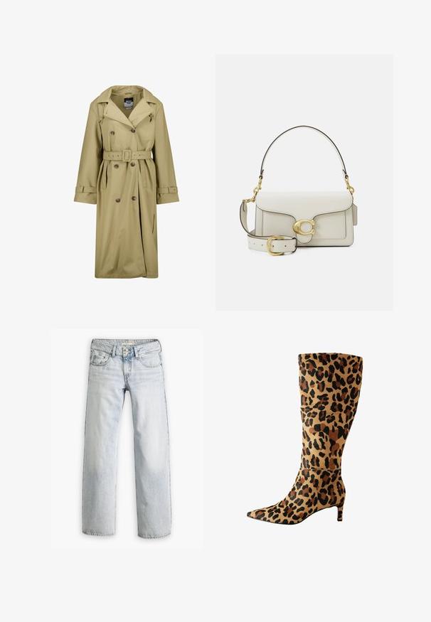Beige waterproof trench coat with double-breasted front, belt at waist, and buttoned cuffs. Features a classic collar and side pockets.; White button-up shirt with a pointed collar, long sleeves, and a small blue logo on the left chest. Crafted from cotton fabric.; Light blue denim jeans with a relaxed fit, high waist, and five-pocket design. Features stitching accents and a button fly closure.; Leopard print knee-high boot made of soft material with pointed toe and low heel, featuring a bold black and brown spotted pattern.; White leather handbag with gold hardware, featuring a flap closure and a detachable, adjustable strap. Rounded metal accent in center.