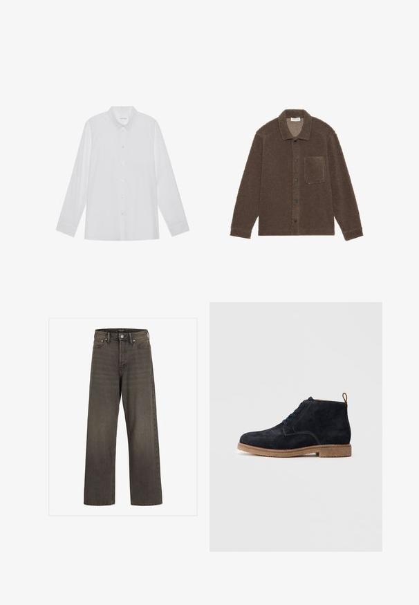 Veste en polaire marron avec col, manches longues, fermeture à boutons sur le devant et une poche poitrine. Texture douce et coupe décontractée.; Chemise blanche à manches longues en tissu lisse, dotée d'un col pointu, d'une fermeture à boutons sur le devant et de poignets à un bouton.; Jean large en denim gris foncé, avec une taille haute, un design classique à cinq poches et des coutures contrastantes le long des coutures.; Bottes ankle en suede bleu marine avec un bout rond, fermeture lacée et une semelle en caoutchouc marron. Présente un design cousu et une languette à l'arrière.