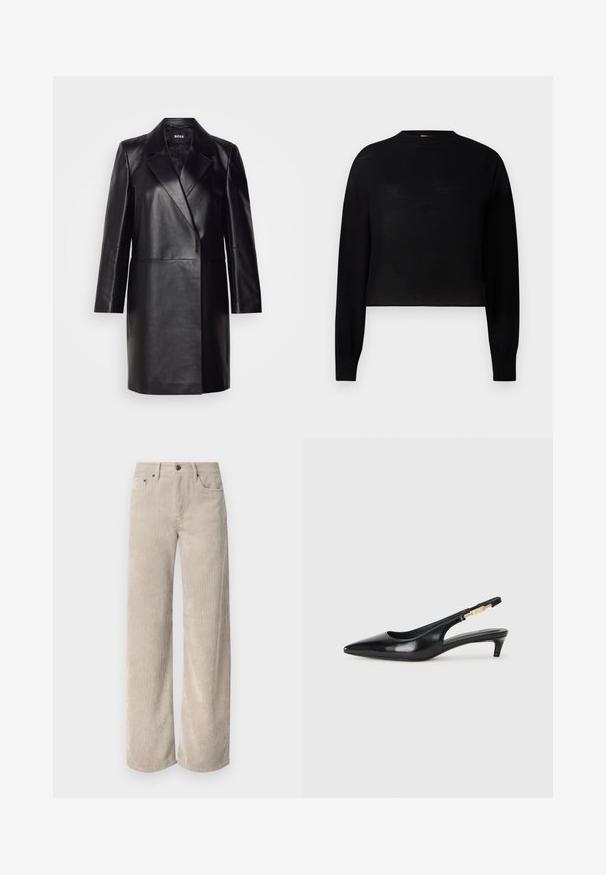 Black leather blazer with a notched collar, single button closure, and long sleeves. Features smooth texture and tailored fit.; Black, long-sleeve cropped sweater with a round neckline. Made from a lightweight material with a smooth texture and minimal design.; Beige corduroy wide-leg pants with vertical stripes, featuring a button closure and front pockets. Soft, textured fabric with a relaxed fit.; Black leather slingback heels with a pointed toe, featuring a slim heel and a gold-tone accent on the adjustable strap. Smooth texture.