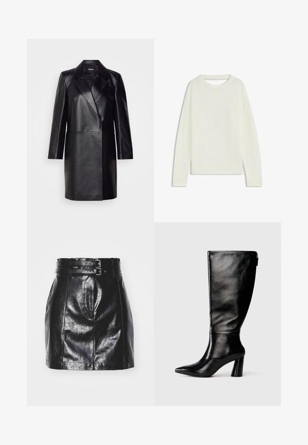 Musta nahkatakki, jossa on lovellinen kaulus, yksittäinen nappilukko ja pitkät hihat. Ominaisuuksiin kuuluvat sileä pinta ja istuva leikkaus.; Vaalean kermanvärinen neule, jossa on pyöreä pääntie, pitkät hihat, ribbireunus ja pehmeä texture. Ei kuvioita tai näkyviä kiinnitysdetaileja.; Musta nahkahame, jossa on korkea vyötärö, kaksinkertainen vyö metallisine varusteineen, sileä pinta ja määritellyt etusaumat.; Mustat nahkasaappaat, joissa on terävä kärki, sileä pinta ja paksu korko. Takana on vetoketjuyksityiskohta.