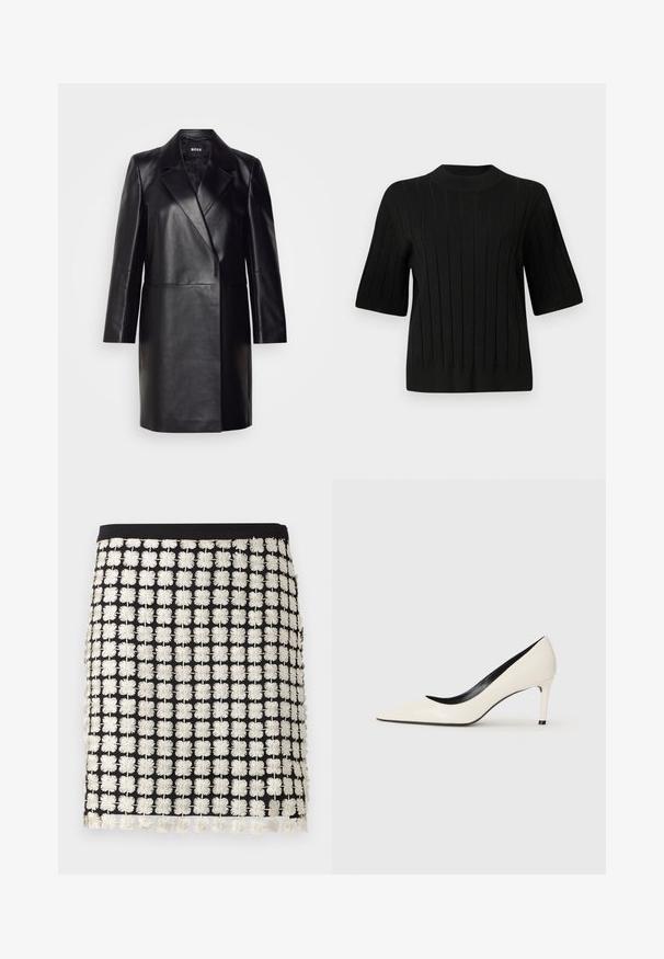 Zwarte leren blazer met een geknopt kraagje, sluiting met één knoop en lange mouwen. Kenmerkt zich door een zachte textuur en een professionele pasvorm.; Zwarte korte mouwen sweater met geribbelde structuur en een hoge halslijn, met verticale lijnen en een aansluitende pasvorm.; Zwarte rok met een gestructureerd ontwerp dat witte geborduurde bloemenpatronen bevat. Accenten zijn franjes langs de zoom en een snug waistband.; Witte gepatineerde leren hoge hakken met een puntige neus, slanke hak en zwarte interieurafwerking. Gladde textuur en stijlvolle uitstraling.